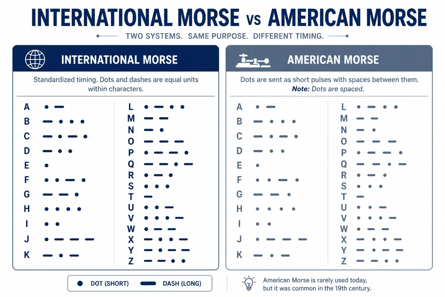 Side-by-side comparison chart of International Morse Code versus American Morse Code letter patterns